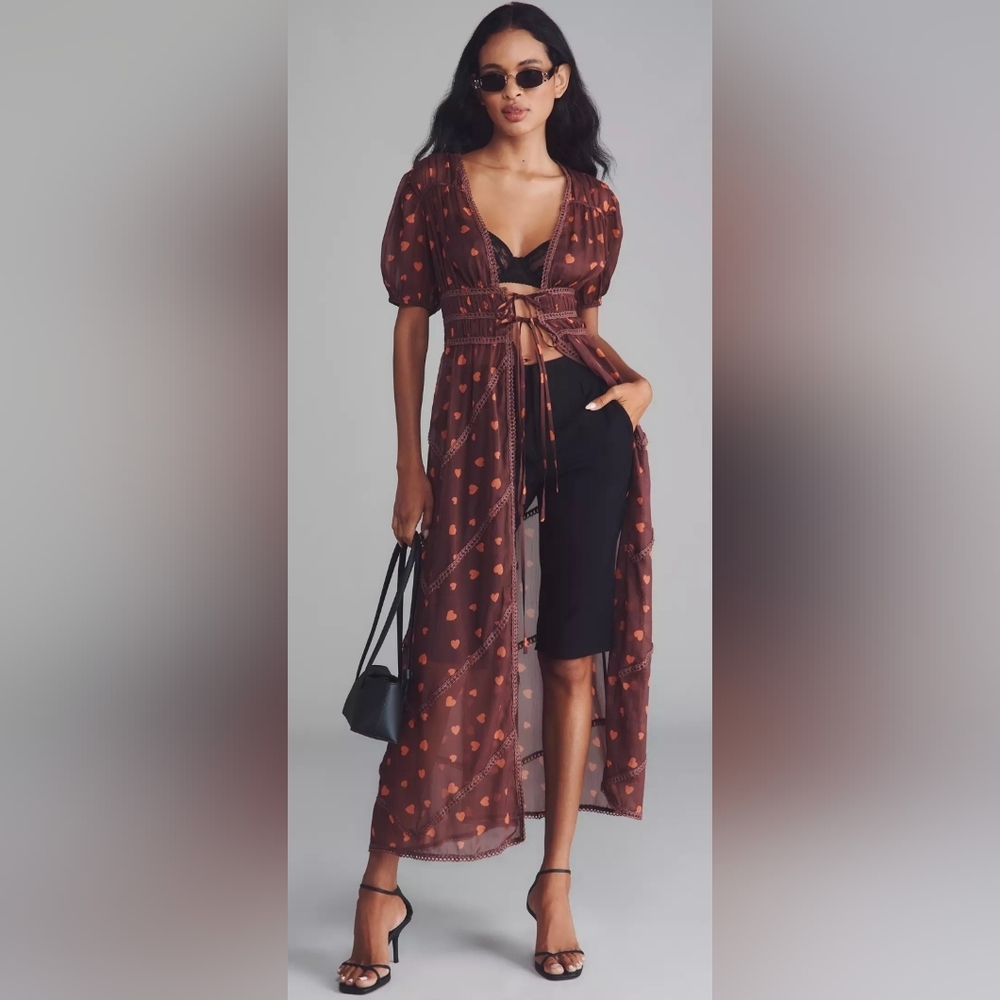 Anthropologie Forever That Girl Heart Patterned Tie Front Duster